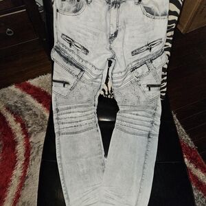 Blue Cult Men's Light Gray Zipper Moto Jeans